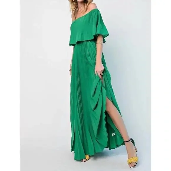 Easel Lily Pleated Maxi Dress In Kelly Green size L - Picture 2 of 6